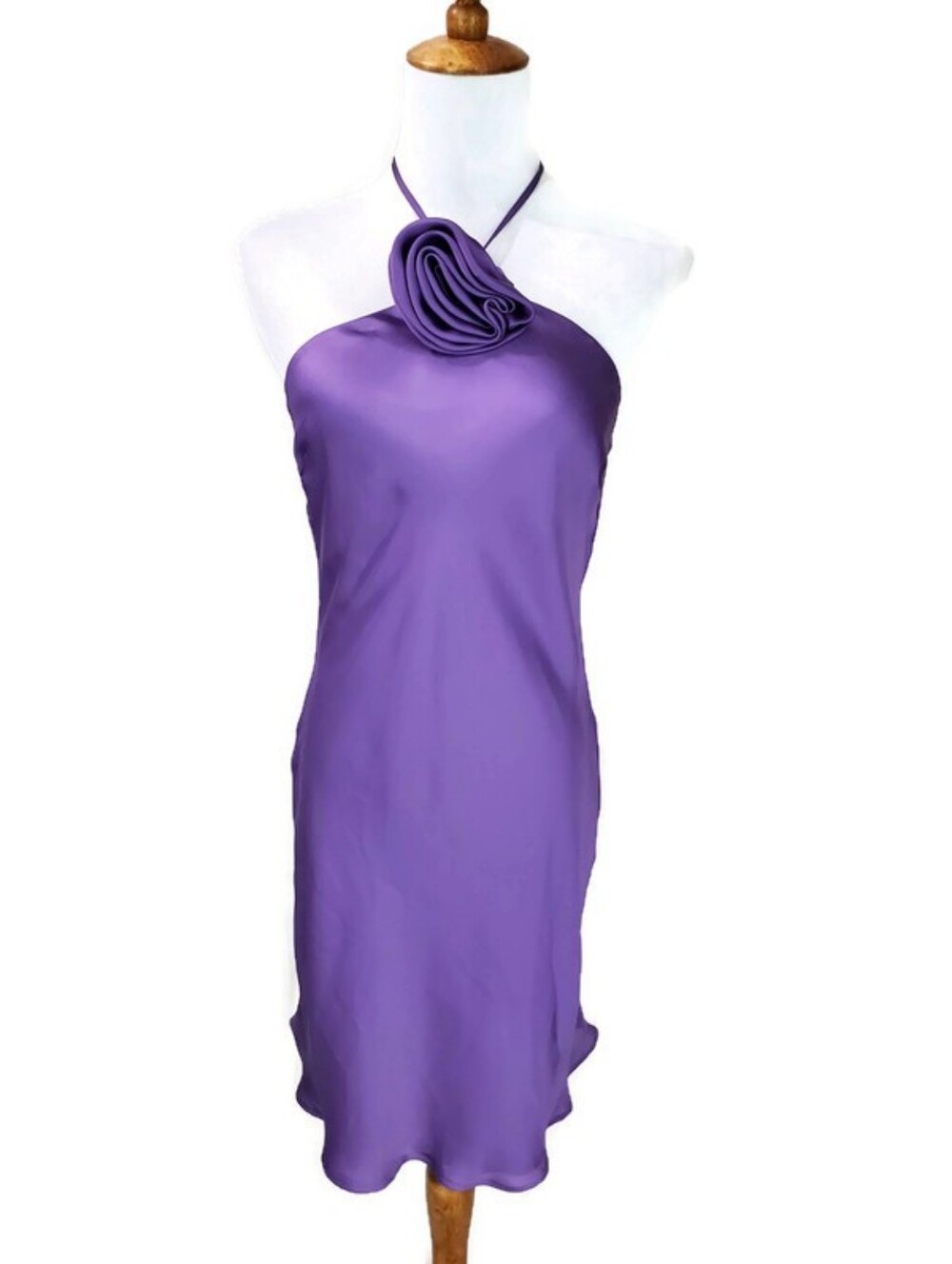 NWT Lavender Brown Amari Halter Mini Satin Rose Dress Purple Cocktail Wedding XS
